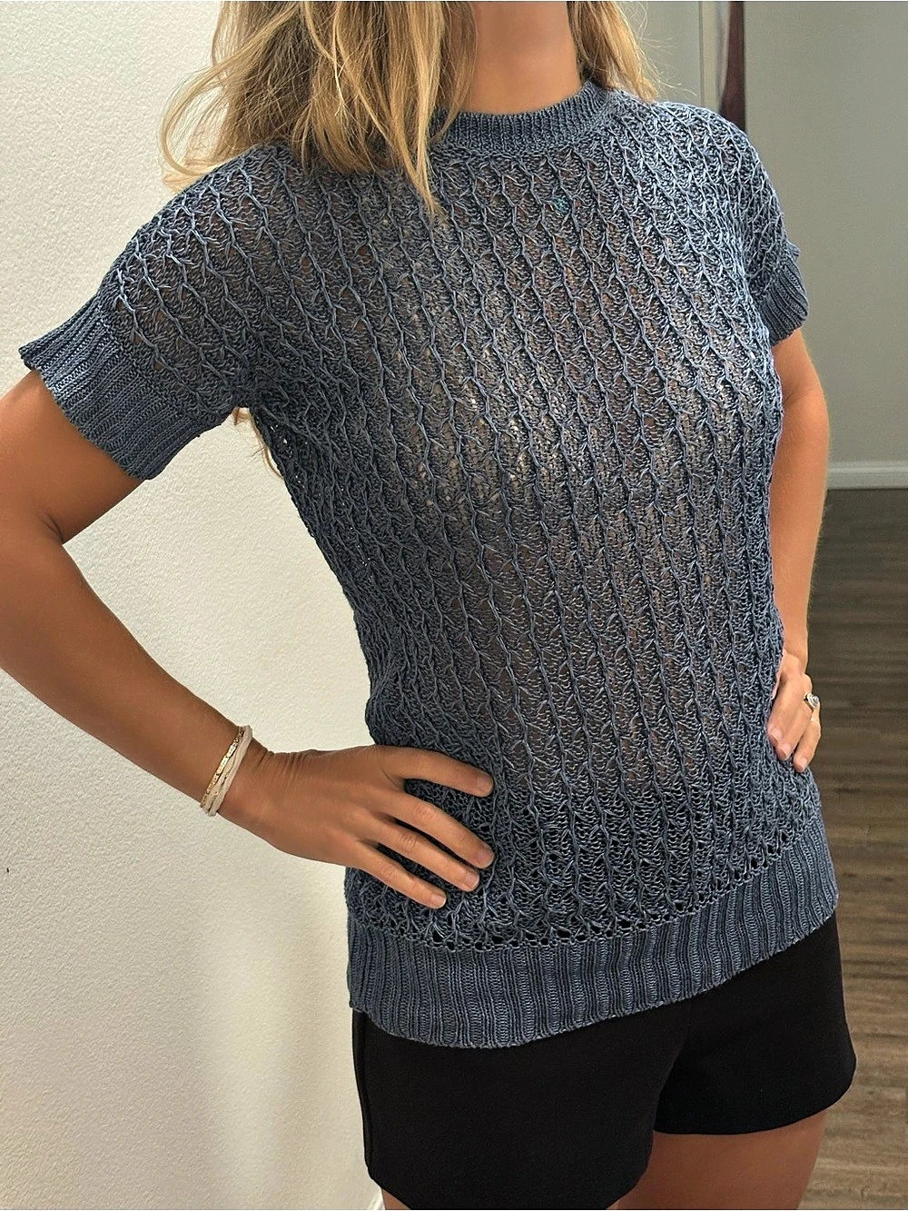 Lafayette 148 New York Knit Short Sleeve Sweater in Blue Size Small Like New